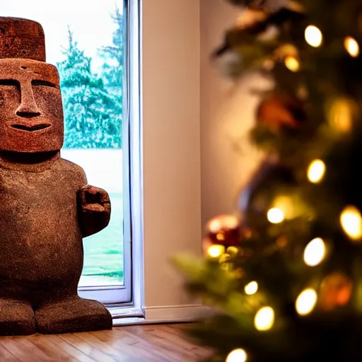 Image similar to a kid at christmas disappointed and sad that his present was a giant moai statue | inside of a house next to a christmas tree