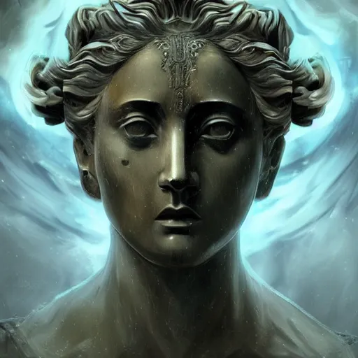 Image similar to A digital masterpiece illustration concept art of fractured obsidian greek statue of a very beautiful goddess fixed with kintsugi, beautiful eyes, symmetrical face, symmetrical body, greek doric ionic corinthian base, taiga landscape + inspired art by by WLOP + Extremely detailed and intricate complexity + epic composition, magical atmosphere, cinematic lighting + wide long shot, wide angle + trending on artstation + 8k