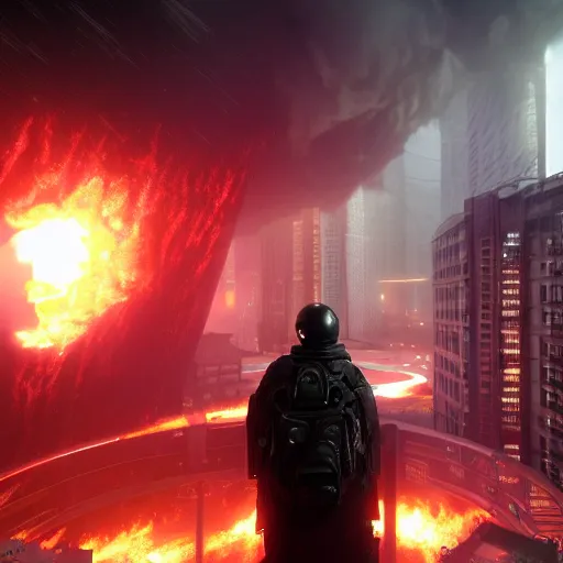 Image similar to a black hole is destroying a gothic cyberpunk City, catastrophic, fire and explosions, the feeling of dread, photorealistic, octane render, unreal engine