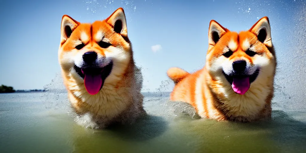 Image similar to Close up portrait of a big fluffy cat mixed with a shiba inu, award winning photograph, 50 mm lens and f/12.0, fast shutter speed of water floating in the air