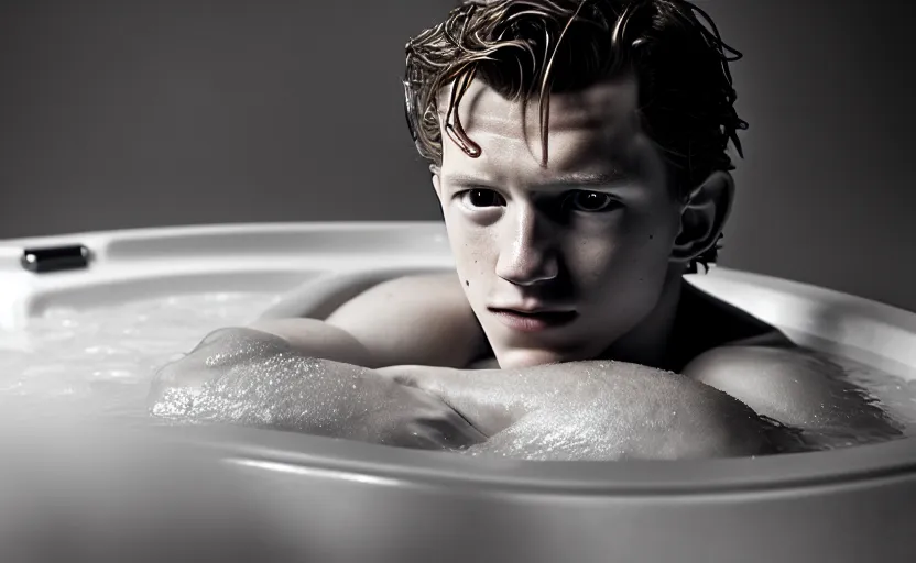 Image similar to photographic portrait by Annie Leibovitz of Tom Holland in a hot tub, closeup, foggy, sepia, moody, dream-like, sigma 85mm f/1.4, 15mm, 35mm, 4k, high resolution, 4k, 8k, hd, full color