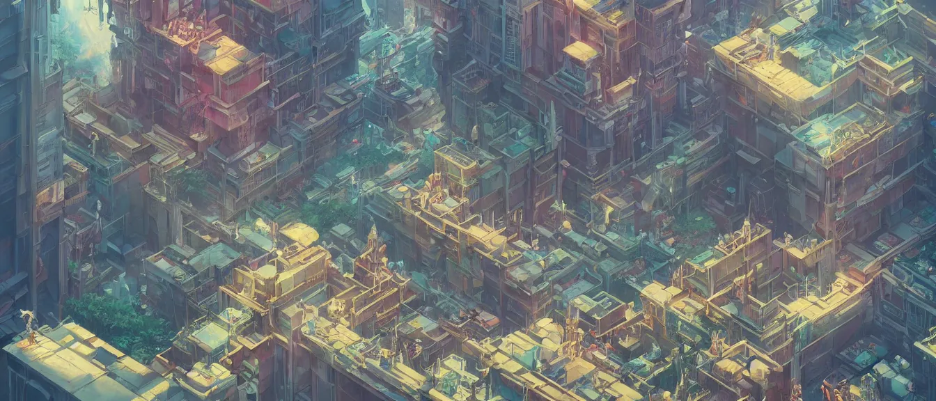 Image similar to isometric kowloon, unreal engine, fantasy art by greg, loish, rhads, ferdinand knab, makoto shinkai, lois van baarle, ilya kuvshinov, rossdraws, tom bagshaw, global illumination, radiant light, highly detailed intricate environment, isometric, onstudio ghibli, octane render, 8 k