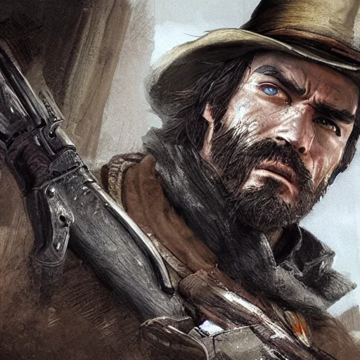 Image similar to portrait of an bandit with a long duster, drawn by ruan jia, fantasy art, red dead redemption, django, town background, weird west, deadlands, dramatic lighting, digital art, 8 k, extremely detailed