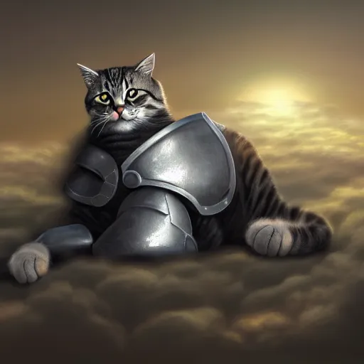 Image similar to cat in steel armor on a cloud, digital art, digital painting, artstation, devian art, 4 k, hd