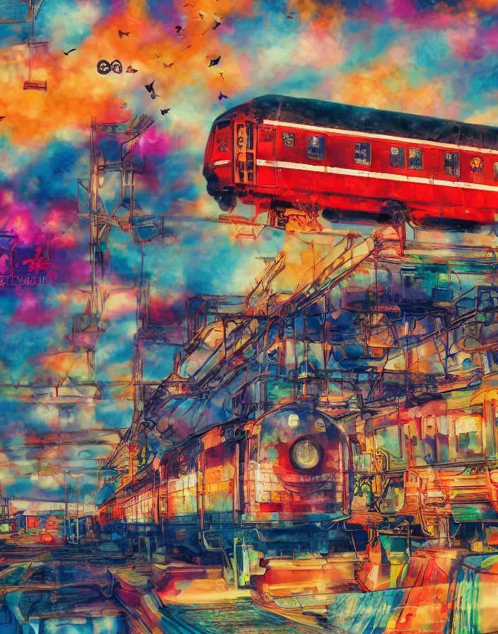 Prompt: semi semi realistic digital painting!! beautiful geisha flying over a colorful train yard, dramatic, xray melting colors!! long lens, shallow depth of field, bokeh, 8 k, 3 5 mm film grain