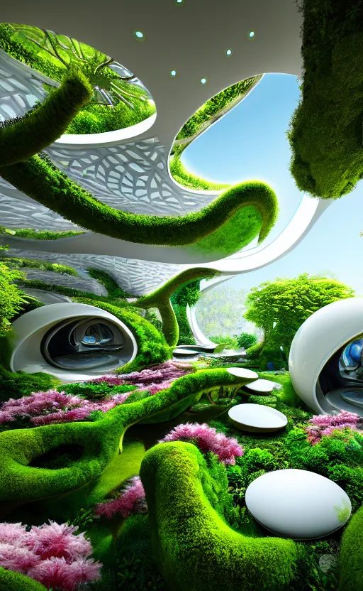 Prompt: futuristic sharp focus biophilic villa interior with secret garden, arches, fractal ceiling, magnolia flowers ceramic porcelain stone nebula fluid colorful architecture landscape, highly detailed, granite, trees, marble, moss, lichen, vincent callebaut composition, mamou - mani, cinematic morning light, 8 k, unreal engine, uhd