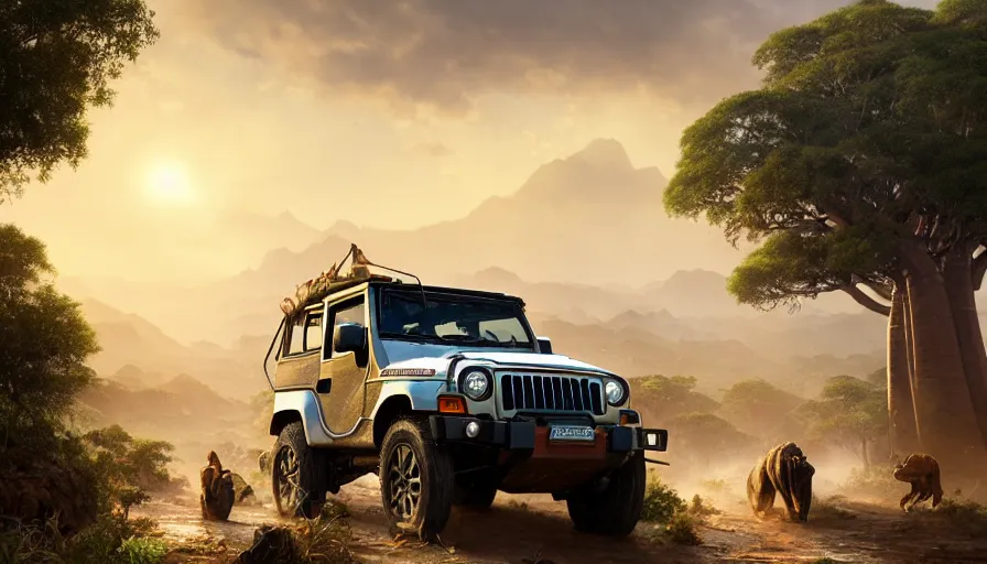 Image similar to mahindra thar driving through madagascar with baobabs trees, animals chasing, action scene, an epic fantasy, artgerm and greg rutkowski and alphonse mucha, an epic fantasy, volumetric light, detailed, establishing shot, an epic fantasy, cinematic, photorealistic, ultrarealistic, trending on art station, octane render, midsommar