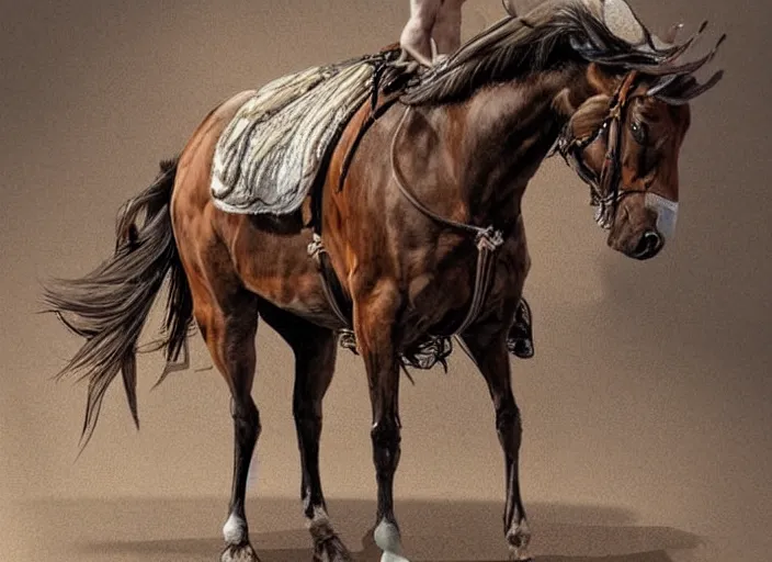 Image similar to concept art of stallion with an algie, carrying a saddle bag, digital art, photo realistic, highly detailed
