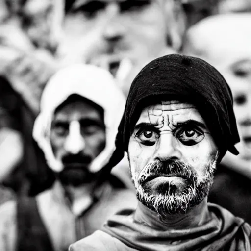 Image similar to mesopotamian protester face photo black and white wide angle lense