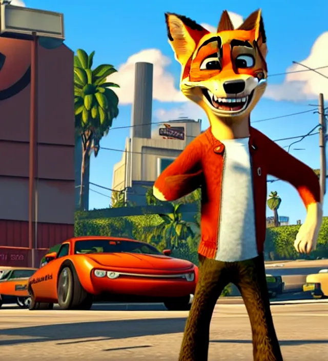 Image similar to Screenshot of Grand Theft Auto: San Andreas loading screen featuring Nick Wilde (from Zootopia)