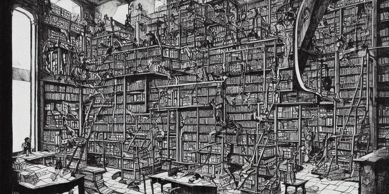 Prompt: library by m. c. escher and mike mignola, heavy ink, dark!!!