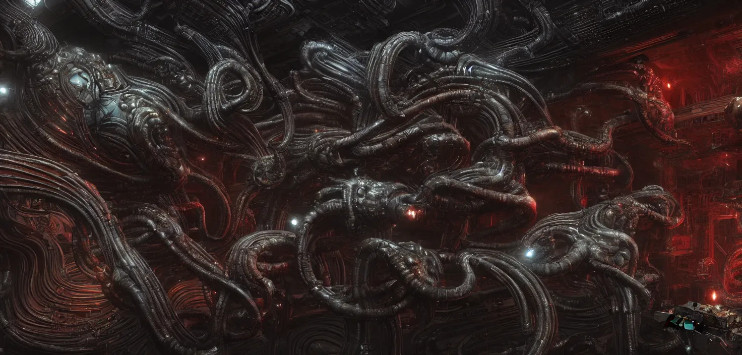 Image similar to Prometheus biological sci-fi environment set control close-up, ship control panel close-up, in a nightmarish universe of odd forms and somber tapestry, HR Giger and Vincent Di Fate, vivid color scheme, featured in artstation, octane render, cinematic, elegant, intricate, 8k