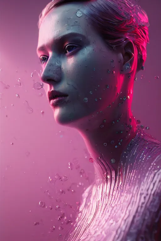 Prompt: 3 d, close - up, liquid chrome, smirk fashion model, light fog, smoke, poster art, high detail, intricate oil painting, multiple exposure, deep pink color palette, hyperrealism, 3 d, by tooth wu and wlop and beeple and greg rutkowski