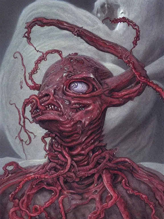 Image similar to painting by wayne barlowe of a flying sorrowful looking severed human head with tears running down it's eyes, face that is chalk white in color, with long sprawling white tentacles stemming down it's neck, fiery scorching red eyes, flying in a terrying hellish dark cavernous place