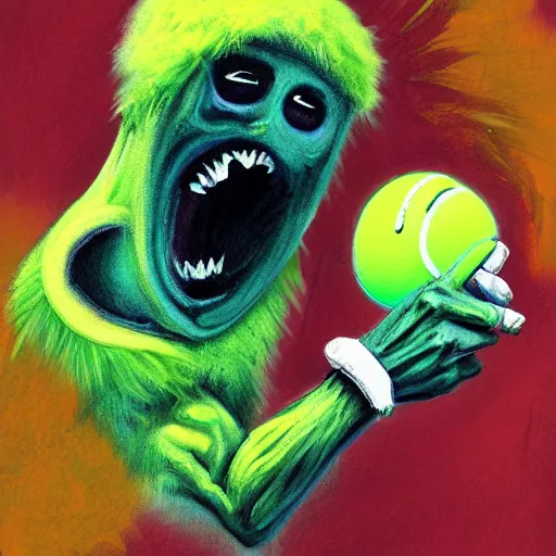 Prompt: a tennis ball monster, tennis ball, dark, chalky, monk, digital art, fantasy, magic, trending on artstation, ultra detailed, professional illustration by Basil Gogos