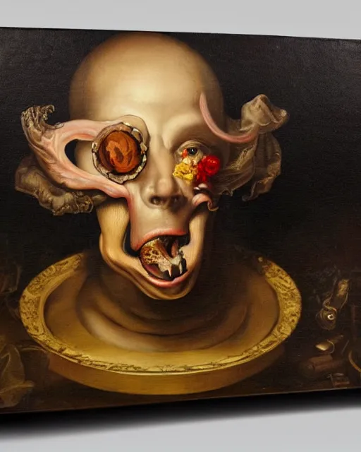 Image similar to refined dutch golden age vanitasgorgeous blended oil painting with black background by christian rex van minnen rachel ruysch dali todd schorr of a chiaroscuro portrait of an extremely bizarre disturbing mutated man with shiny skin acne dutch golden age vanitas intense chiaroscuro cast shadows obscuring features dramatic lighting perfect composition masterpiece