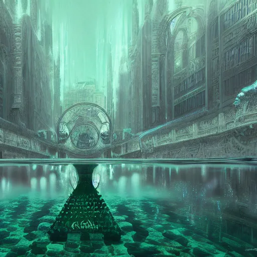 Image similar to underwater moscow, green ratio, black ratio, symmetric, elegant, ornate, luxury, elite, matte painting, MTG, magic the gathering, cinematic, cgsociety, 8k, high resolution, concept art, cgsociety, octane render, trending on artstation, artstationHD