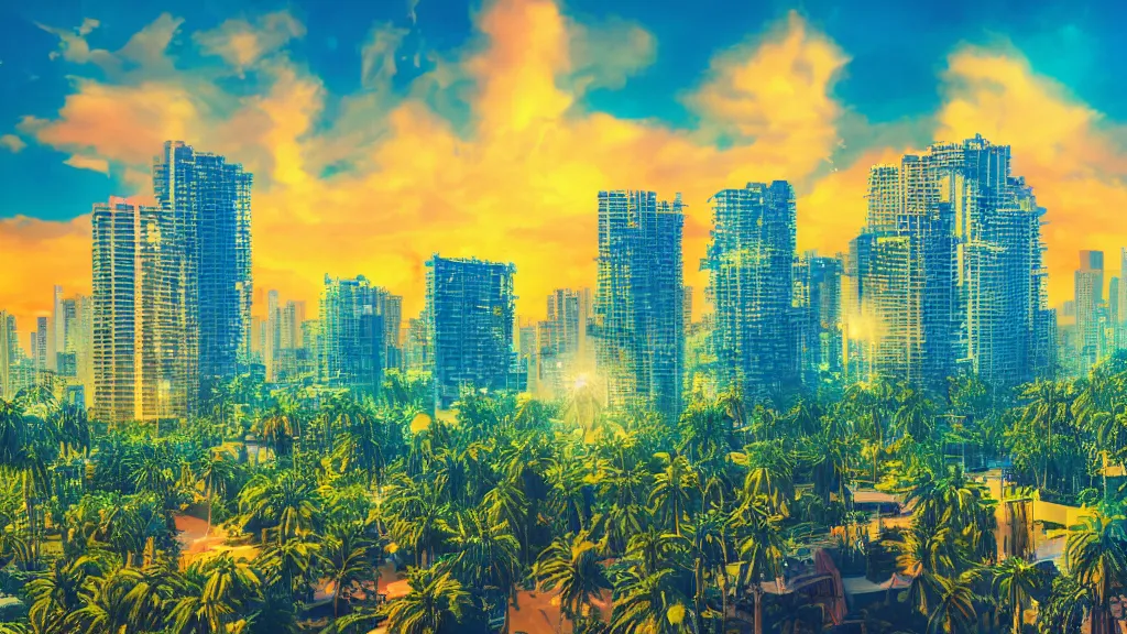 Prompt: golden city in a vaporwave jungle, 4k, ultra realistic, award winning photograph