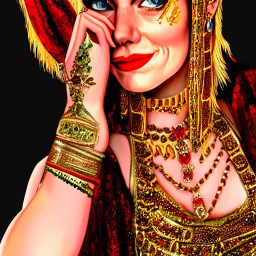 Prompt: a digital portrait of emma stone dressed as a belly dancer, arabian night, high quality, fully detailed, 4 k, in focus face with fine details, realistic hand details and anatomy