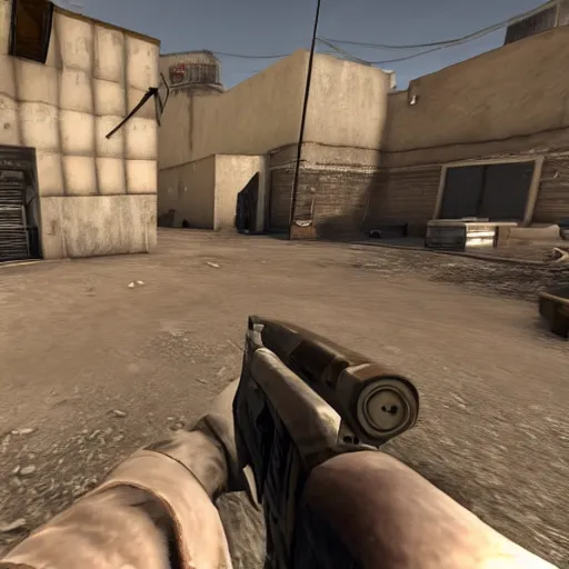 Prompt: Walter White in Counter Strike Global Offensive gameplay videogame screenshot trailer footage, de_dust 2 desert town