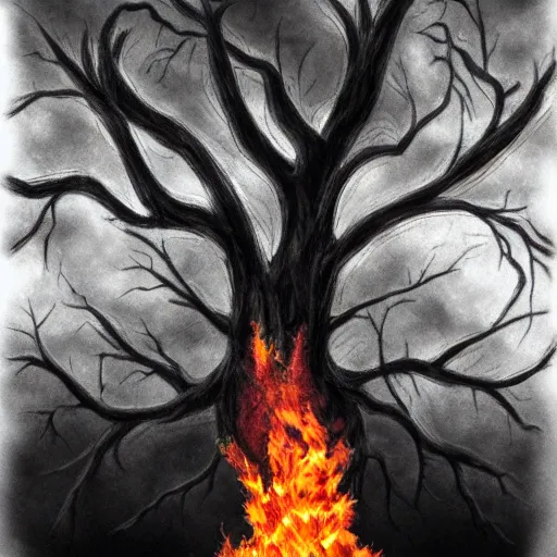 Prompt: evil tree on fire, photorealism, sharp focus