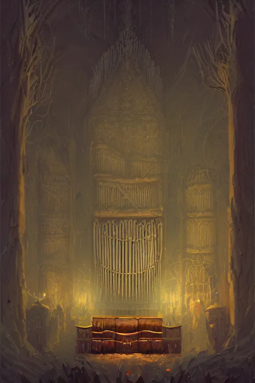 Image similar to illustration of close - up view of a haunted pipe organ, night by peter mohrbacher, by alex andreev, by jacek yerka, by alan lee, large depth of field, super detailed, digital art, trending on artstation