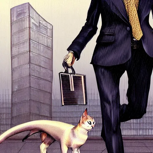 Image similar to sophisticated business cat in a humanoid form wearing a suit walking to work with a money case in hand, full body, 80s London city, digital painting, baroque, sc-fi, realistic, hyperdetailed, chiascuro, concept art, art by art by Franz Hals and Jon Foster and Ayami Kojima and Amano and Karol Bak