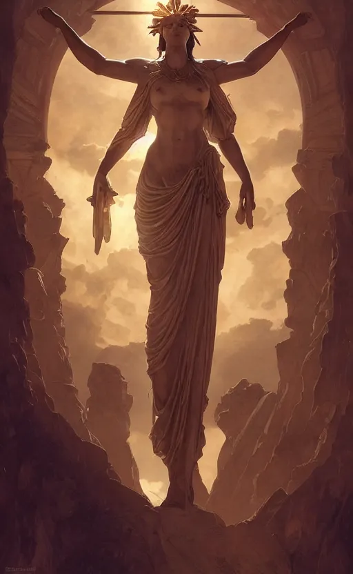 Prompt: solarpunk four armed statue of the goddess of the sun helios descending from olympus, four arms, dramatic lighting, unreal engine, artstation, concept art, smooth, sharp focus, illustration, art by artgerm and greg rutkowski and alphonse mucha and william adolphe bouguereau and john william waterhouse and gianlorenzo bernini