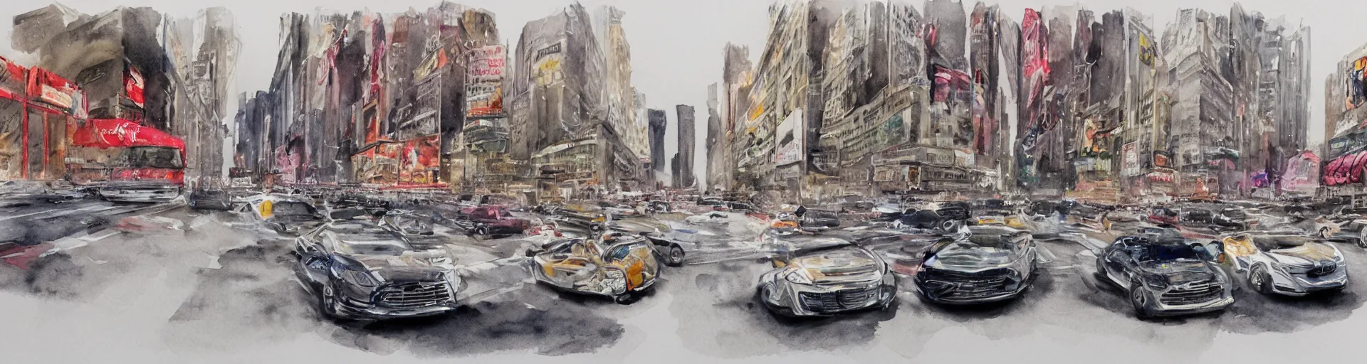 Image similar to a detailed watercolor sketch of cars racing in new york city