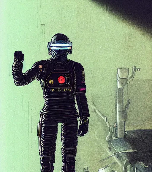 Image similar to cyberpunk japanese engineer with long limbs and a black spacesuit on a spacewalk, techwear, dead space, visible face, Industrial Scifi, detailed illustration, character portrait, by Martin Grip and Moebius