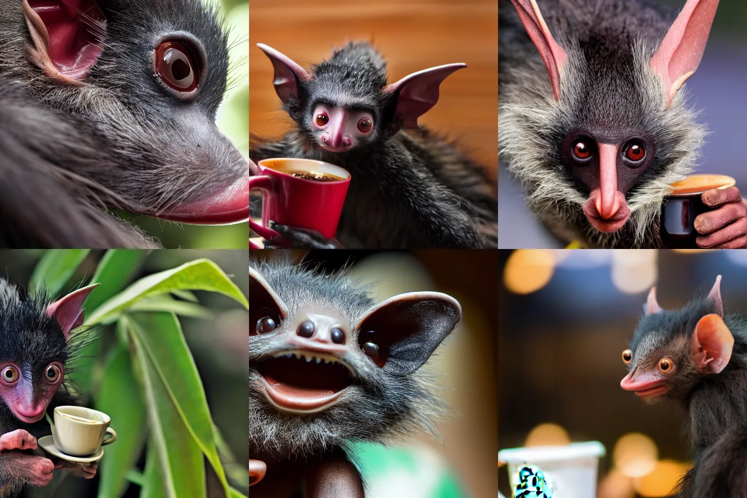 Prompt: closeup of aye - aye drinking coffee at starbucks, detailed, 4 k, nature photography