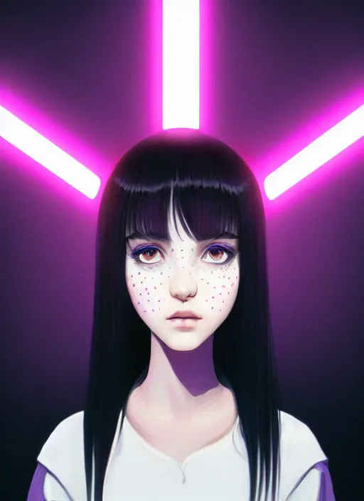 Image similar to portrait of teenage girl with white bangs, red irises, black hair, purple clothes, white bangs, bangs are different color from hair, intricate, front of hair is white rest is black, elegant, glowing lights, highly detailed, digital painting, artstation, concept art, smooth, sharp focus, illustration, art by wlop, mars ravelo and greg rutkowski