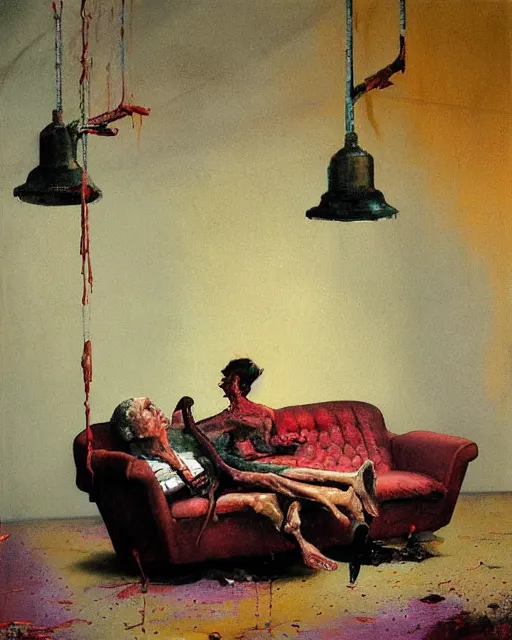 Prompt: old dead couple on an art deco couch in a decayed and ruined slaughterhouse room in the style of Francis Bacon and Syd Mead and Norman Rockwell and Beksinski, hanging beef carcasses, slaughterhouse, open ceiling, highly detailed, painted by Francis Bacon and Edward Hopper, painted by James Gilleard, surrealism, airbrush, very coherent, triadic color scheme, art by Takato Yamamoto and James Jean