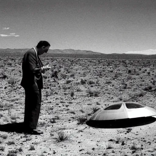 Prompt: Ted Cruz examining a crashed UFO in a New Mexico desert. 1940s photograph.