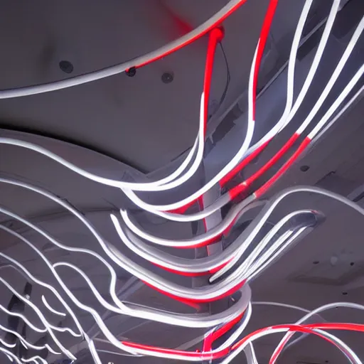 Image similar to zaha hadid design wrapped around by glowing tubes and cables, short black curly hair, glowing red