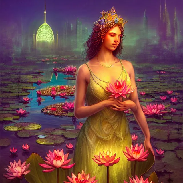 Image similar to Beautiful 3d render of the flower queen goddess near a pond full of lotus, atmospheric lighting, painted, intricate, volumetric lighting, beautiful, sharp focus, ultra detailed, in the art style of Dan Mumford and marc simonetti, with a clear crowded futuristic cyberpunk dubai city in the background, astrophotography