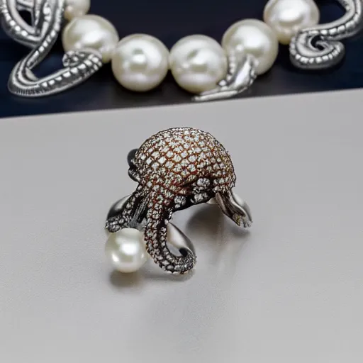 Image similar to hd photo of a octopus ring with diamonds and pearls by vivienne westwood, denoise, deblur