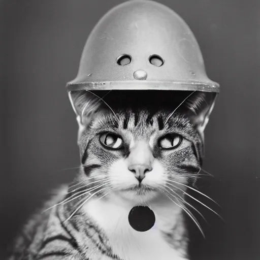 Prompt: A cat wearing a Pickelhaube helmet, Prussia, black and white, film grain, f 1.8