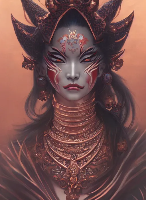 Prompt: a beautiful detailed oil on copper art illustration of a japanese hyottoko mask devil woman, centered, by charlie bowater, zeng fanzh, trending on artstation, dim dusk lighting, cinematic lighting, detailed lighting, volumetric lighting, realistic, f 8, 4 k hd wallpaper