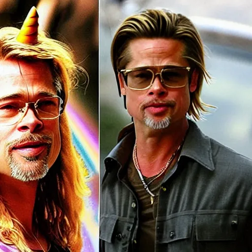 Prompt: brad pitt in unicorn costume, on a rainbow, high - resolution