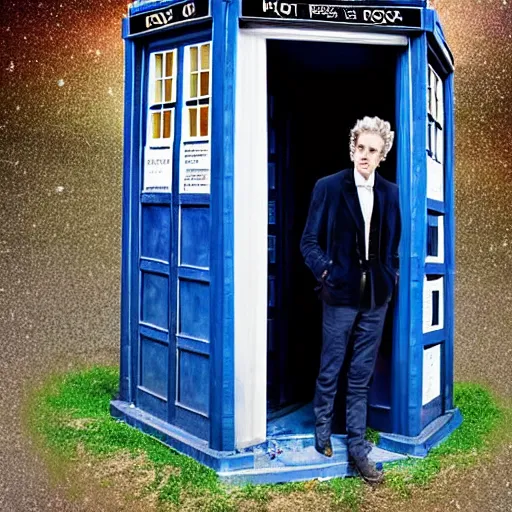 Prompt: award winning photography of peter capaldi portraing Doctor Who, sitting on the door step of the TARDIS with the door open while he looks at planet earth from space