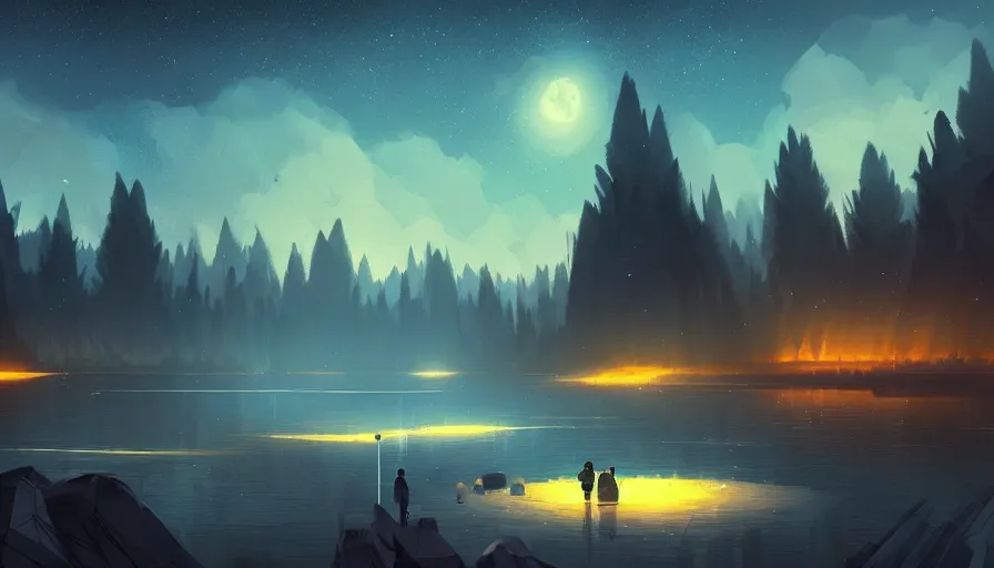 Image similar to mysterious lake area, night under the starry sky, concept art by jama jurabaev, artstation, cubo - futurism, 2 d game art, official art, concept art