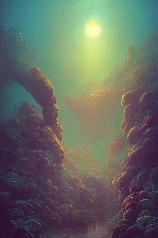 Prompt: 👾🐉🌈🍄::3, dreamlike, psychedelic, otherworldly, weird, cyberpunk, vaporware, interesting details, volumetric lighting, dramatic, fantasy, by Moebius, by zdzisław beksiński, Fantasy LUT, epic composition, 8k,