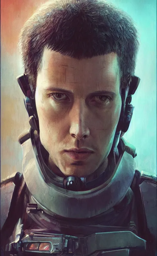 Prompt: cyberpunk military character wearing cyberpunk headset ( blade runner 2 0 4 9, dystopian, cyberpunk 2 0 7 7 character design ). attractive face. portrait by james gurney and laurie greasley, oil on canvas. cinematic, hyper realism, realistic proportions, anatomy, dramatic lighting, high detail 4 k