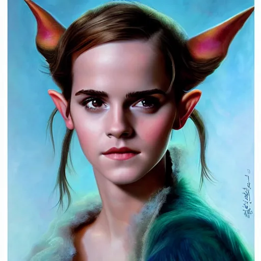 Prompt: Studio portrait of Emma Watson as an elf, Karol Bak, Greg Hildebrandt