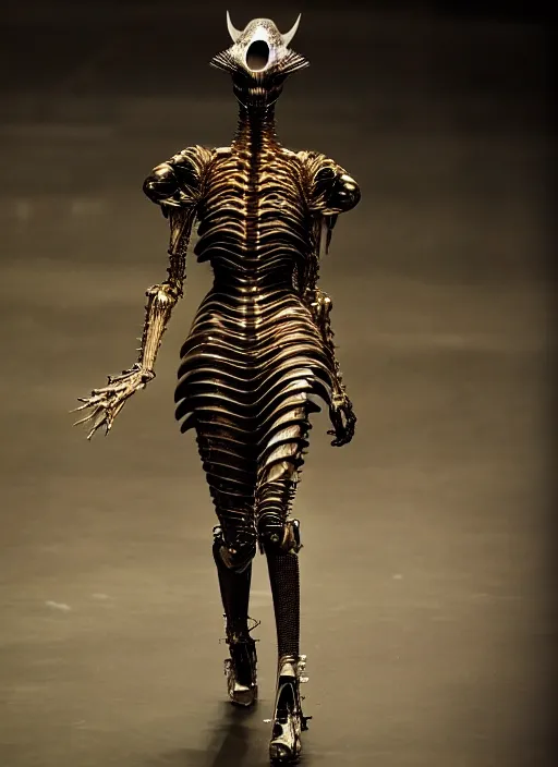 Image similar to walking down the catwalk, show, stage, vogue photo, podium, fashion show photo, iris van herpen baroque dress, beautiful woman, perfect body, full body shot, helmet on face, masterpiece, guyver, giger, biomechanical details, denis villeneuve, movie still, fauvism, cinestill, bokeh