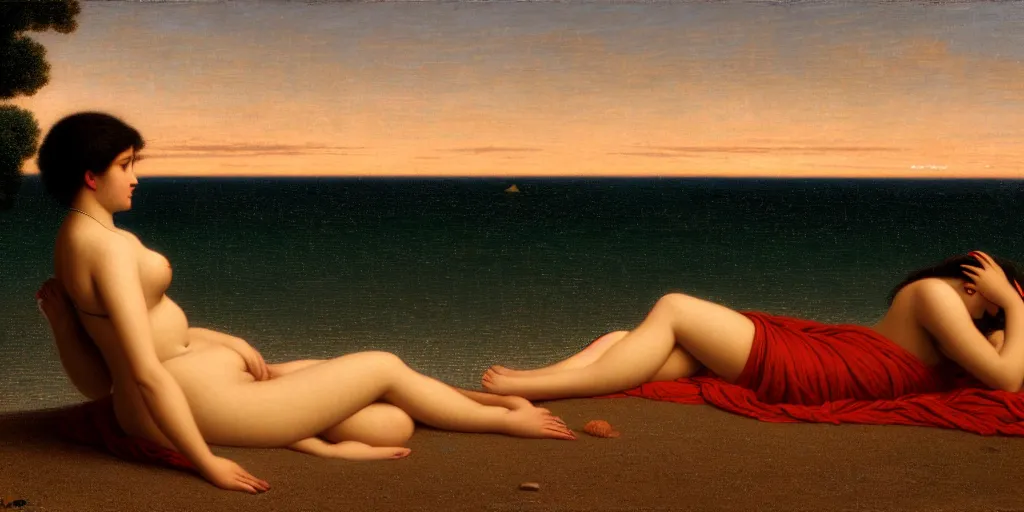 Image similar to a lonely woman sunbathing on the beach at dusk time ， 4 k resolution, by john william godward