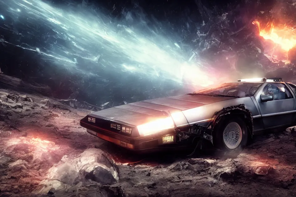 Image similar to ultra realistic delorean dmc 5 drifting on an ancient space highway wreckage in space, dark cinematic, volumetric, realistic, 3 d render, realistic render, cinematic lighting, volumetric lighting, atmospheric, cinematic, unreal engine 5, unreal engine render, octane render, hd, photorealism, hyper realistic, photo, 8 k