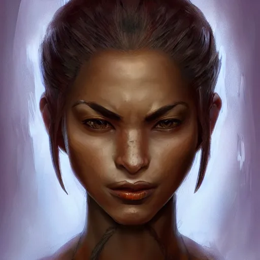 Image similar to beautiful, very strong, mixed race, female, aged 4 0, face, no makeup, head shot, fantasy, highly detailed, digital painting, artstation, concept art, smooth, sharp focus, illustration, art by brom