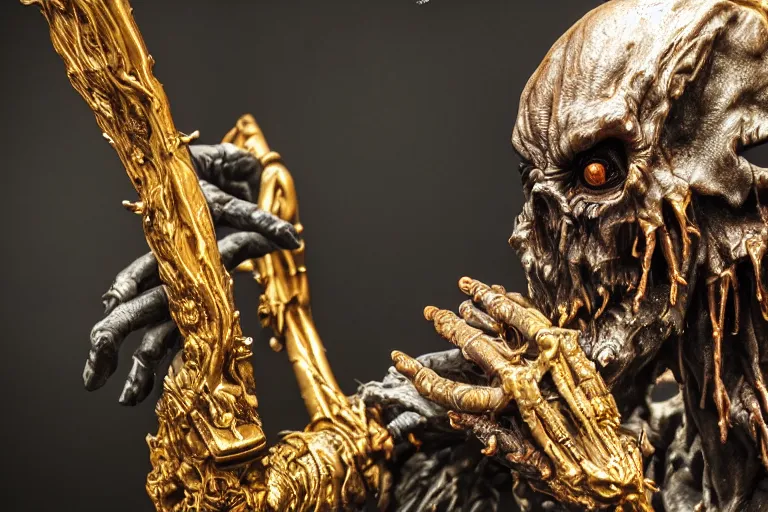 Image similar to photo taken of an epic intricate, ultra detailed, super realistic sculpture of a nightmarish hellish demonic hooded grim reaper on display in a workshop, created by weta workshop, zoomed in shots, photorealistic, sharp focus, f 0. 4, face centred, macro photography, golden ratio, golden hour